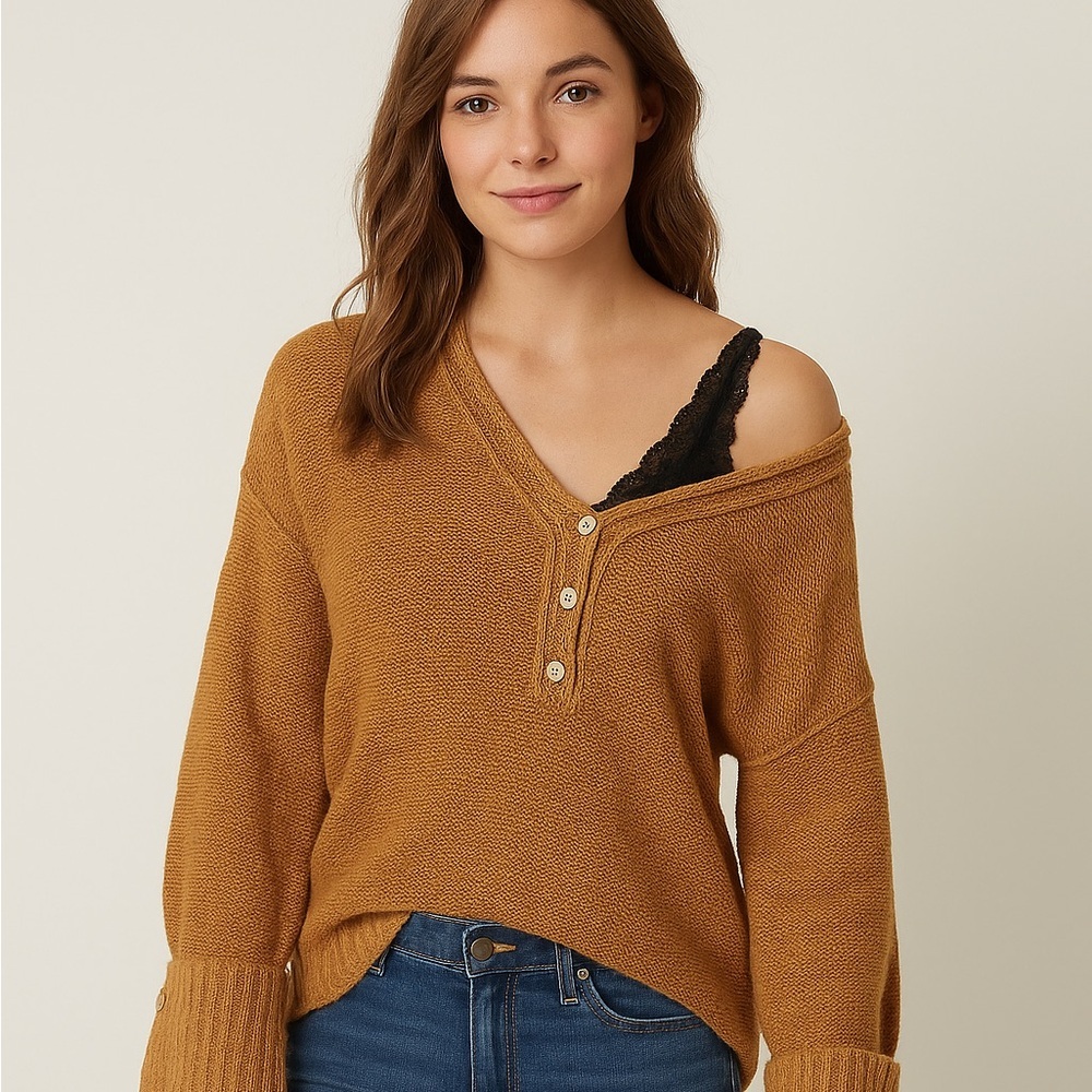 BKE Textured Knit Henley Sweater -Warm Camel- Size large